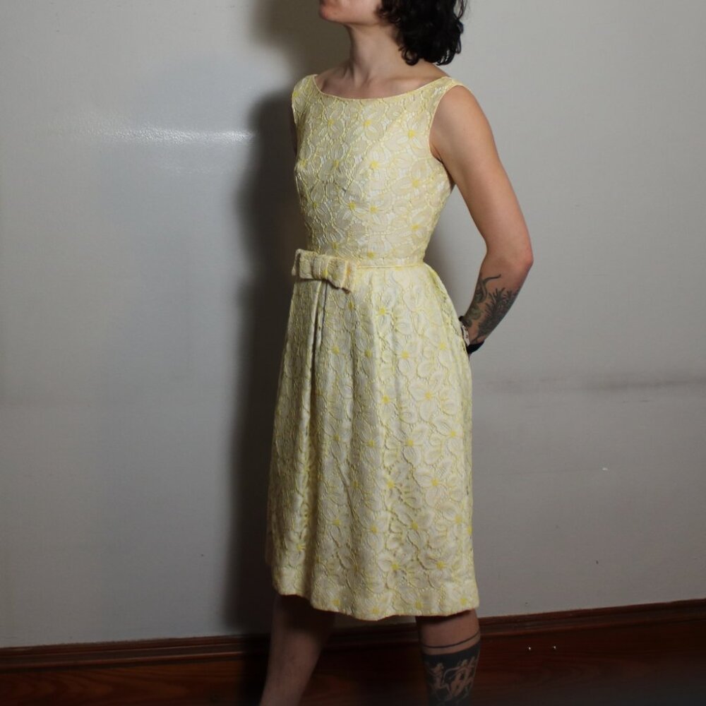 Vintage 1950s Yellow Lace Cocktail Dress Size XXS